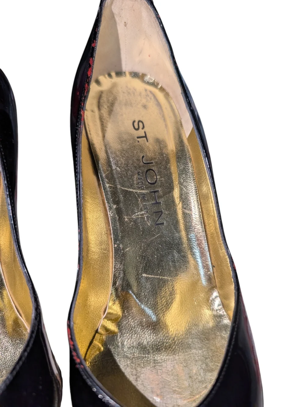 St. John Black Patent Leather Pointed Pumps with Gold Interior